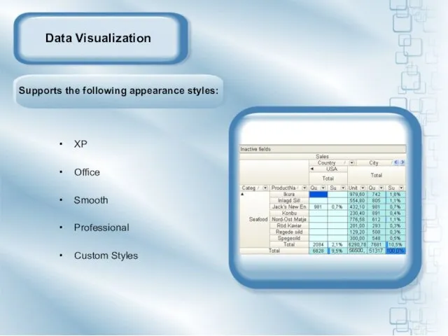 Data Visualization Supports the following appearance styles: XP Office Smooth Professional Custom Styles