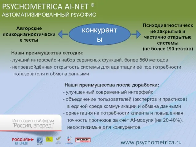 PSYCHOMETRICA AI-NET ® АВТОМАТИЗИРОВАННЫЙ PSY-ОФИС конкуренты Авторские психодиагностические тесты Психодиагностические закрытые и