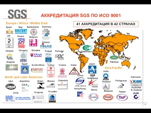 41 АККРЕДИТАЦИЯ В 42 СТРАНАХ Europe / Africa / Middle East Asia