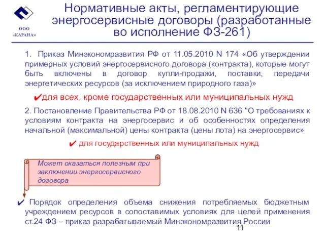 Нормативные акты, регламентирующие энергосервисные договоры (разработанные во исполнение ФЗ-261) ООО «КАРАНА» 1.