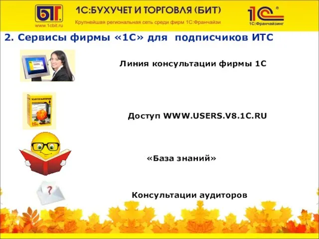 2. Сервисы фирмы «1С» для подписчиков ИТС Линия консультации фирмы 1С Доступ