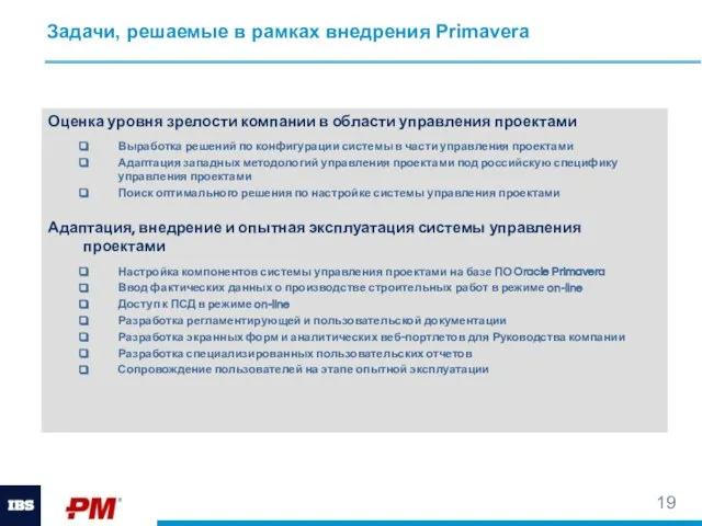 Задачи, решаемые в рамках внедрения Primavera Оценка уровня зрелости компании в области