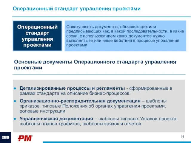 Операционный стандарт управления проектами Совокупность документов, объясняющих или предписывающих как, в какой