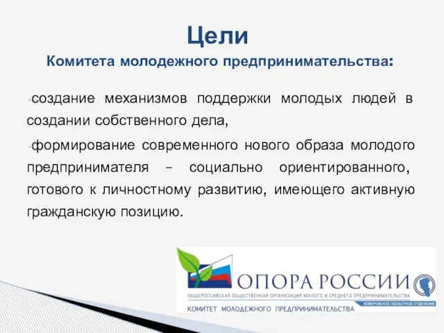 создание механизмов поддержки молодых людей в создании собственного дела, формирование современного нового