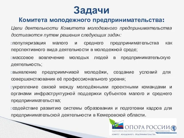 Цели деятельности Комитета молодежного предпринимательства достигаются путем решения следующих задач: популяризация малого