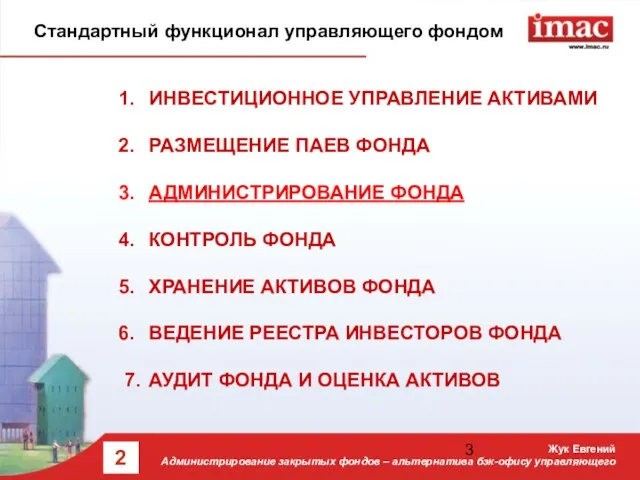 Стандартный функционал управляющего фондом ИНВЕСТИЦИОННОЕ УПРАВЛЕНИЕ АКТИВАМИ РАЗМЕЩЕНИЕ ПАЕВ ФОНДА АДМИНИСТРИРОВАНИЕ ФОНДА