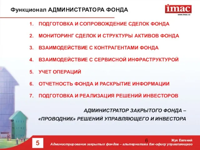 Функционал АДМИНИСТРАТОРА ФОНДА ПОДГОТОВКА И СОПРОВОЖДЕНИЕ СДЕЛОК ФОНДА МОНИТОРИНГ СДЕЛОК И СТРУКТУРЫ