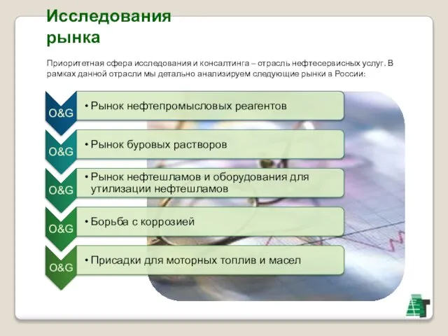 Исследования рынка Приоритетная сфера исследования и консалтинга – отрасль нефтесервисных услуг. В