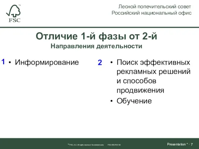 Информирование Поиск эффективных рекламных решений и способов продвижения Обучение TM FSC, A.C.