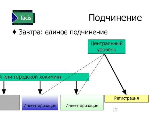 Подчинение Завтра: единое подчинение Районный или городской хокимият Инвентаризация Инвентаризация Центральный уровень Регистрация