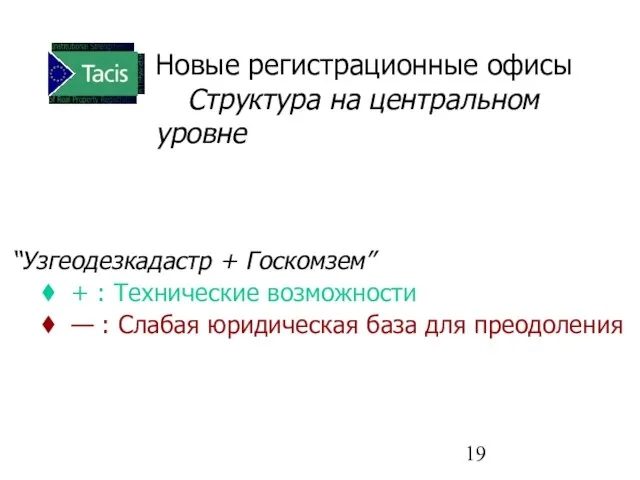 Новые регистрационные офисы Структура на центральном уровне “Узгеодезкадастр + Госкомзем” + :