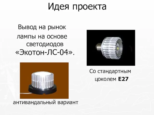 Идея проекта Вывод на рынок лампы на основе светодиодов «Экотон-ЛС-04». Со стандартным цоколем Е27 антивандальный вариант