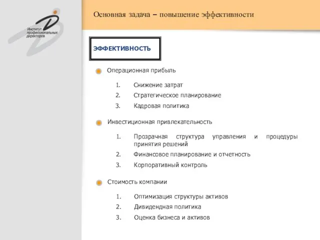 Основная задача – повышение эффективности ЭФФЕКТИВНОСТЬ Операционная прибыль Снижение затрат Стратегическое планирование