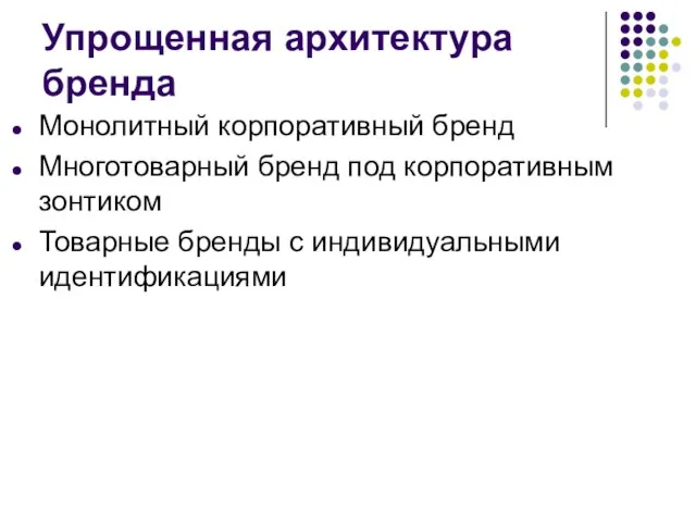 Упрощенная архитектура бренда Монолитный корпоративный бренд Многотоварный бренд под корпоративным зонтиком Товарные бренды с индивидуальными идентификациями