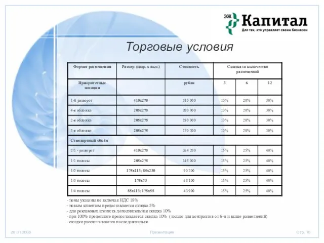 Торговые условия - цены указаны не включая НДС 18% - новым клиентам