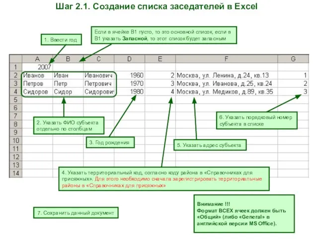 Шаг 2.1. Создание списка заседателей в Excel 2. Указать ФИО субъекта отдельно
