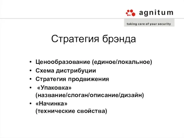 Стратегия брэнда Ценообразование (единое/локальное) Схема дистрибуции Стратегия продвижения «Упаковка» (название/слоган/описание/дизайн) «Начинка» (технические свойства)