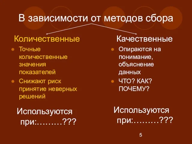 В зависимости от методов сбора Количественные Точные количественные значения показателей Снижают риск