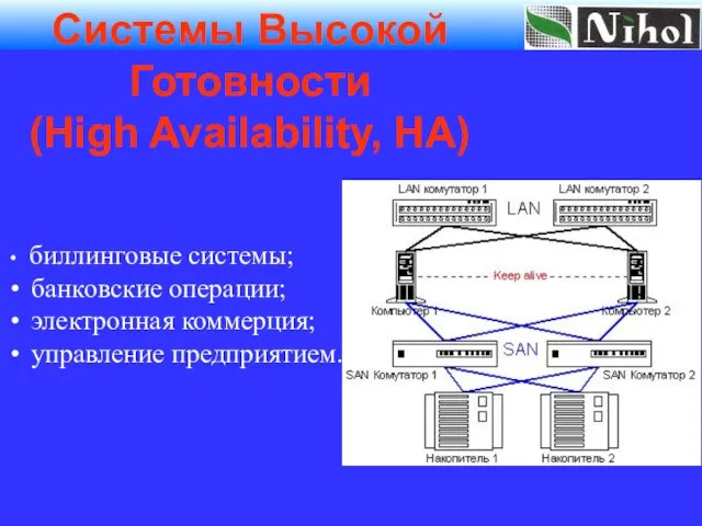 биллинговые системы; банковские операции; электронная коммерция; управление предприятием. Системы Высокой Готовности (High Availability, HA)