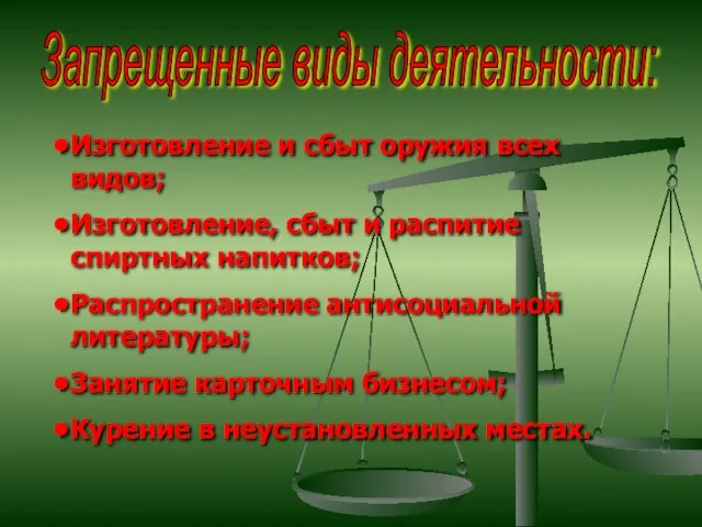 Запрещенные виды деятельности: Изготовление и сбыт оружия всех видов; Изготовление, сбыт и