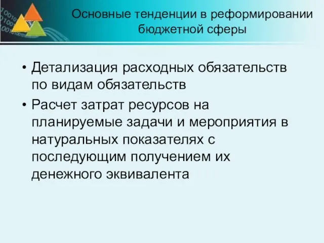 Основные тенденции в реформировании бюджетной сферы Детализация расходных обязательств по видам обязательств