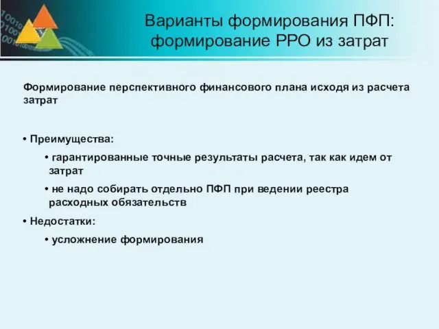 Варианты формирования ПФП: формирование РРО из затрат Формирование перспективного финансового плана исходя