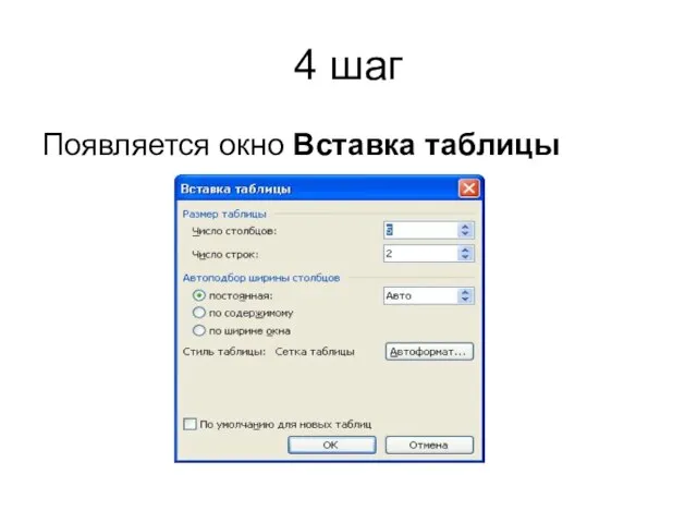 4 шаг Появляется окно Вставка таблицы