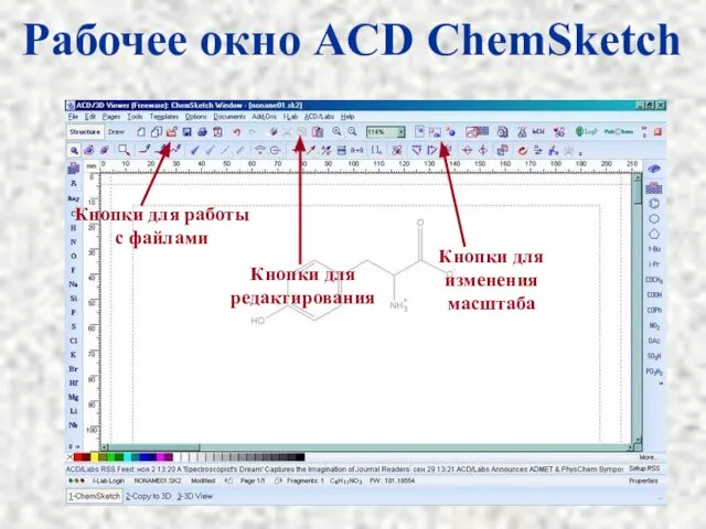 Рабочее окно ACD ChemSketch Кнопки для работы с файлами Кнопки для редактирования Кнопки для изменения масштаба