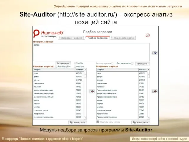 Site-Auditor (http://site-auditor.ru/) – экспресс-анализ позиций сайта Модуль подбора запросов программы Site-Auditor Определение