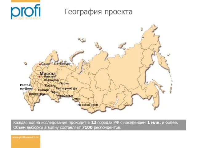 География проекта Новосибирск Омск Челябинск Ростов- на-Дону Нижний Новгород Уфа Екатеринбург Самара