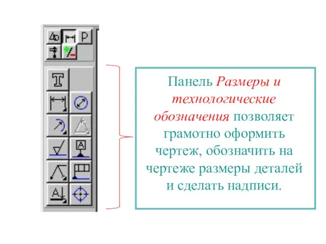 Панель Размеры и технологические обозначения позволяет грамотно оформить чертеж, обозначить на чертеже