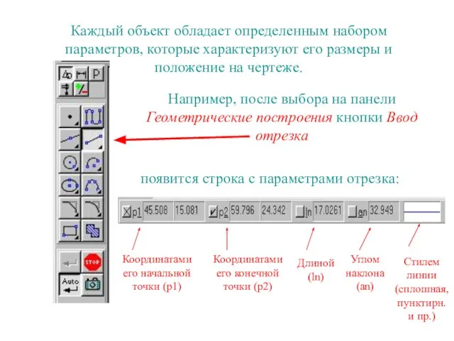 Каждый объект обладает определенным набором параметров, которые характеризуют его размеры и положение