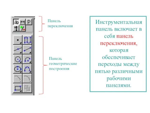 Панель переключения Панель геометрические построения Инструментальная панель включает в себя панель переключения,