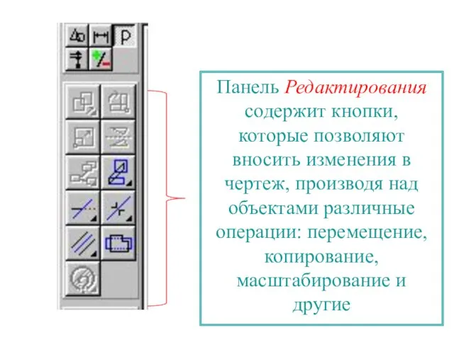 Панель Редактирования содержит кнопки, которые позволяют вносить изменения в чертеж, производя над