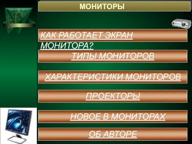 МОНИТОРЫ КАК РАБОТАЕТ ЭКРАН МОНИТОРА? ТИПЫ МОНИТОРОВ ХАРАКТЕРИСТИКИ МОНИТОРОВ ОБ АВТОРЕ ПРОЕКТОРЫ НОВОЕ В МОНИТОРАХ