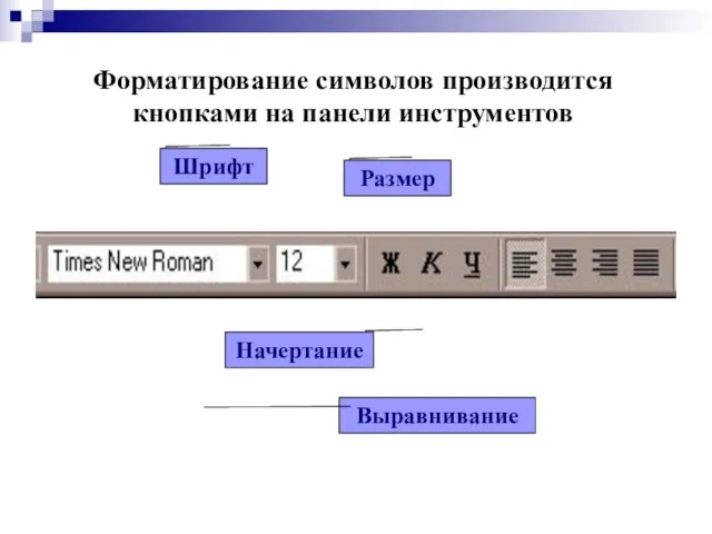 Форматирование символов производится кнопками на панели инструментов Шрифт Размер Начертание Выравнивание