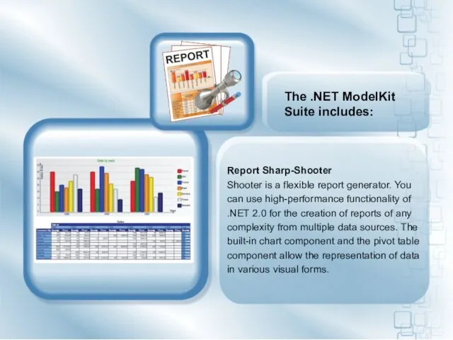 The .NET ModelKit Suite includes: Report Sharp-Shooter Shooter is a flexible report