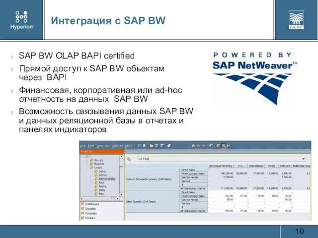 Интеграция с SAP BW SAP BW OLAP BAPI certified Прямой доступ к