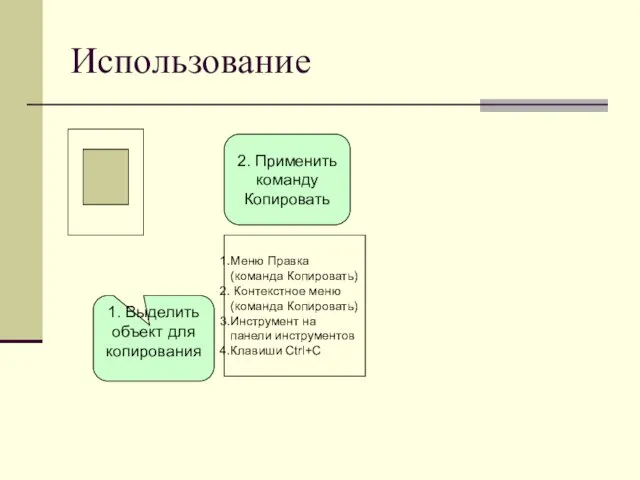 Использование 2. Применить команду Копировать Меню Правка (команда Копировать) Контекстное меню (команда