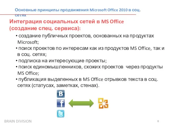 Основные принципы продвижения Microsoft Office 2010 в соц.сетях Интеграция социальных сетей в