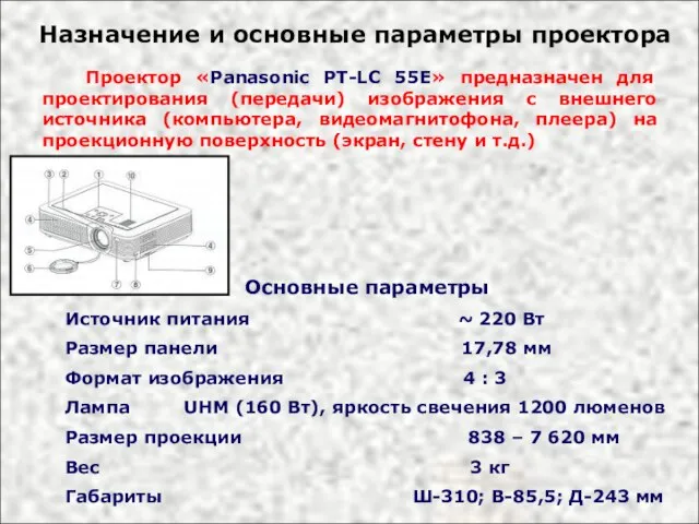 Назначение и основные параметры проектора Проектор «Panasonic PT-LC 55E» предназначен для проектирования