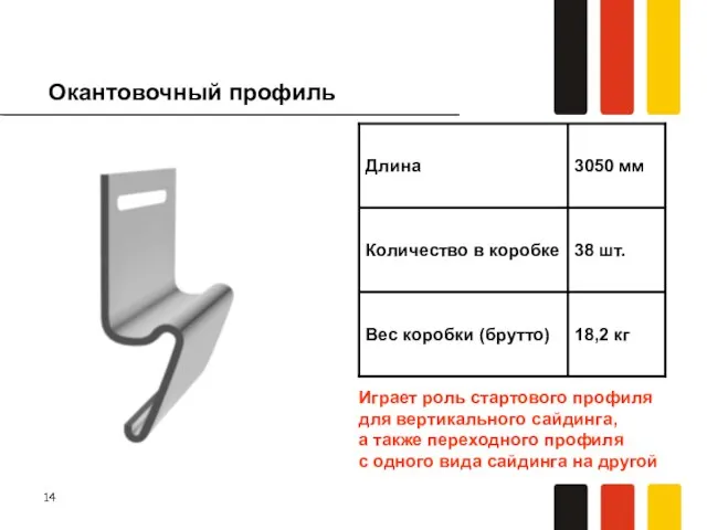 Окантовочный профиль Играет роль стартового профиля для вертикального сайдинга, а также переходного