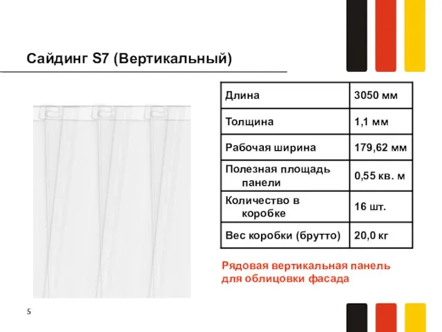 Сайдинг S7 (Вертикальный) Рядовая вертикальная панель для облицовки фасада