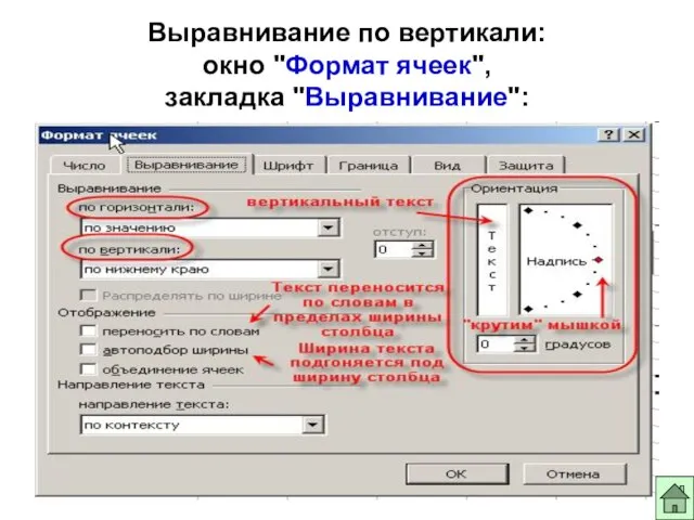 Выравнивание по вертикали: окно "Формат ячеек", закладка "Выравнивание":