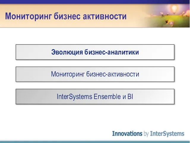 Мониторинг бизнес активности Эволюция бизнес-аналитики Мониторинг бизнес-активности InterSystems Ensemble и BI