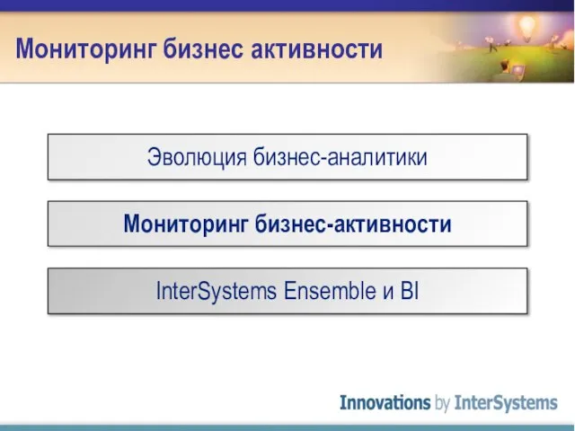 Мониторинг бизнес активности Эволюция бизнес-аналитики Мониторинг бизнес-активности InterSystems Ensemble и BI