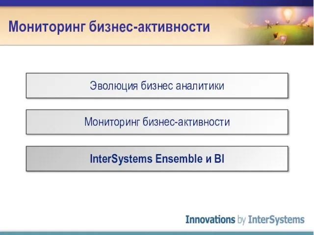 Мониторинг бизнес-активности Эволюция бизнес аналитики Мониторинг бизнес-активности InterSystems Ensemble и BI
