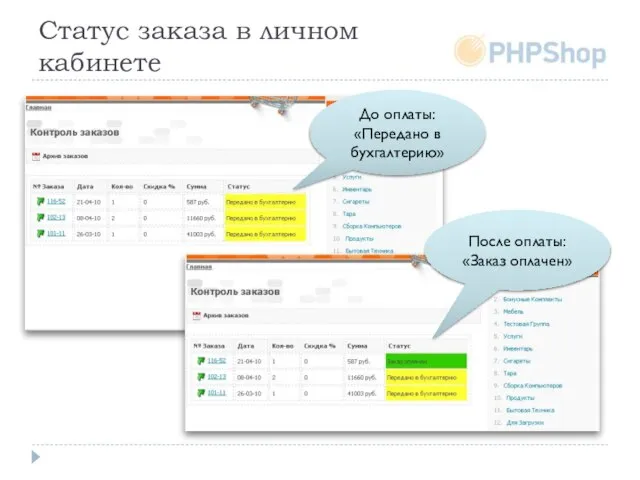 Статус заказа в личном кабинете До оплаты: «Передано в бухгалтерию» После оплаты: «Заказ оплачен»