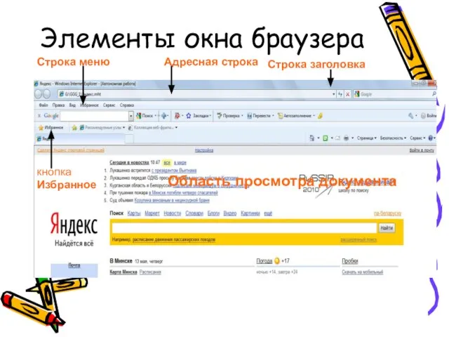 Элементы окна браузера Строка заголовка Адресная строка Область просмотра документа Строка меню кнопка Избранное