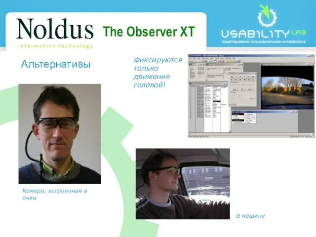 The Observer XT Альтернативы В машине Камера, встроенная в очки Фиксируются только движения головой!